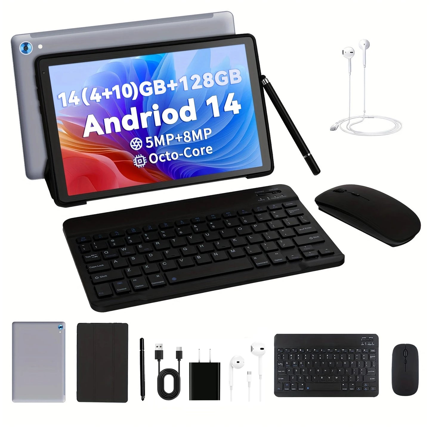 C108 10.1 Inch Tablet Octa-Core Processor 10GB RAM 128GB ROM Android 14 With Case