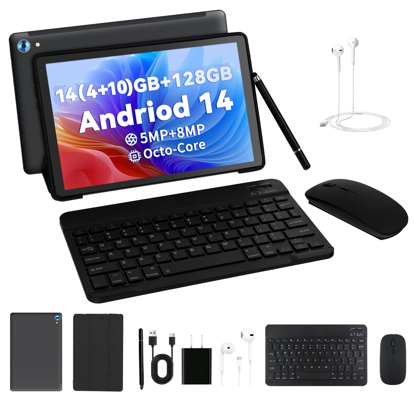 C108 10.1 Inch Tablet Octa-Core Processor 10GB RAM 128GB ROM Android 14 With Case