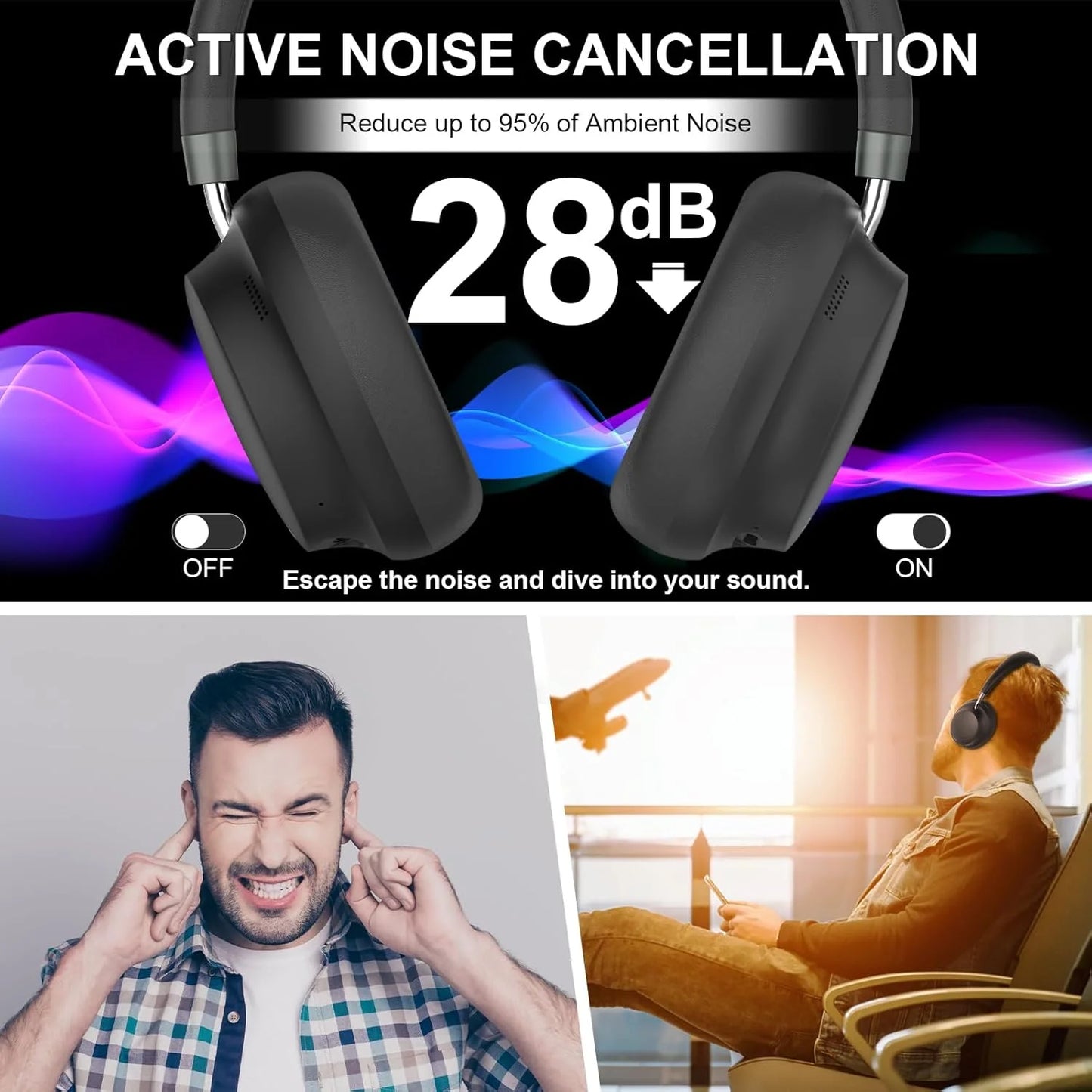 Bluetooth Active Noise Cancelling Headphones, Comfortable Wireless Over Ear