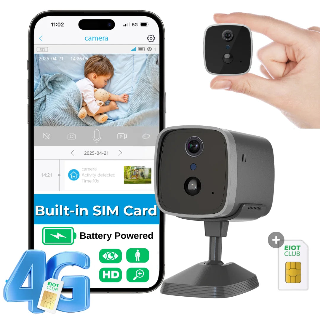 Mini 4G Wireless Security Camera with SIM Card, Battery Powered, Night Vision, Indoor Outdoor Use Hidden Cam