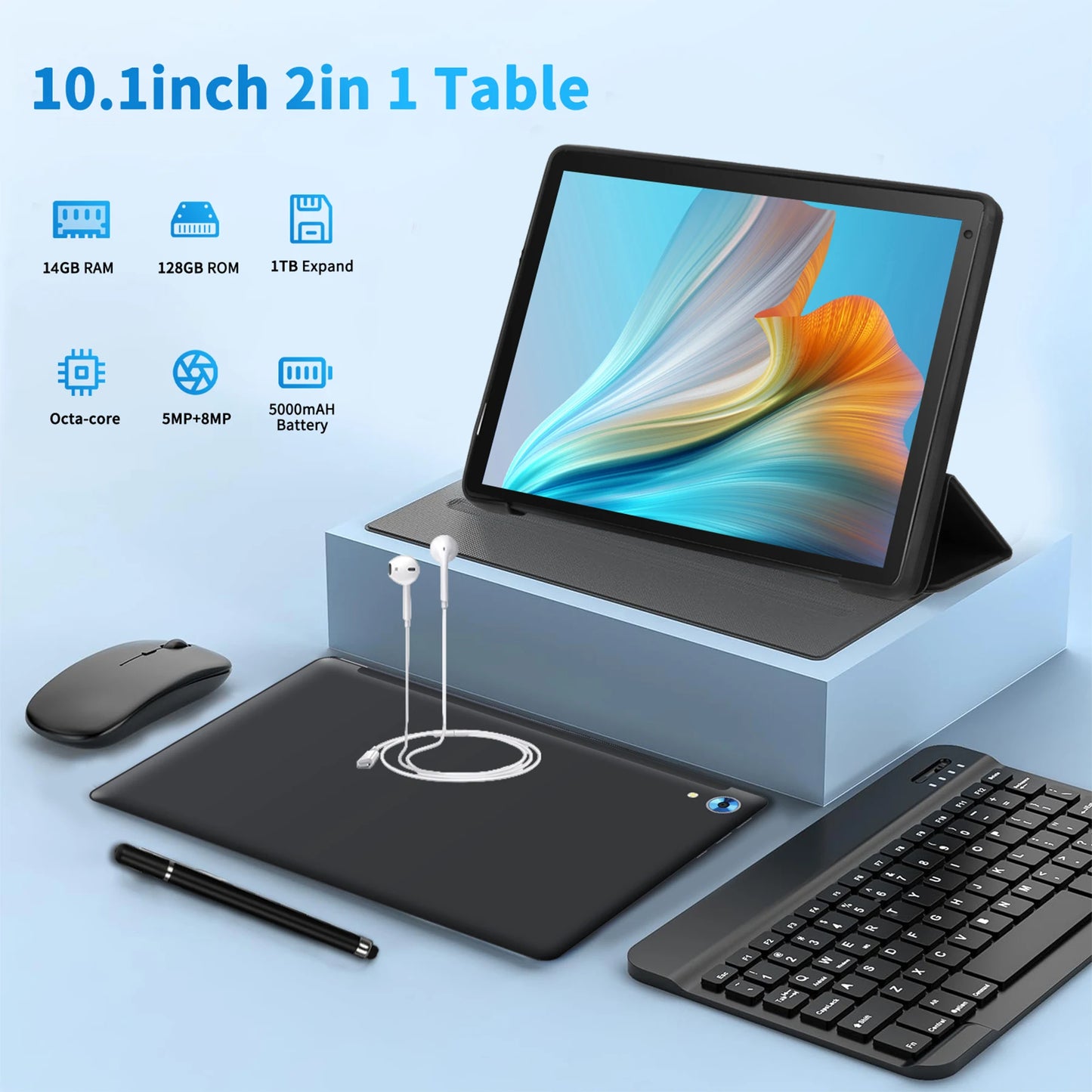 C108 10.1 Inch Tablet Octa-Core Processor 10GB RAM 128GB ROM Android 14 With Case