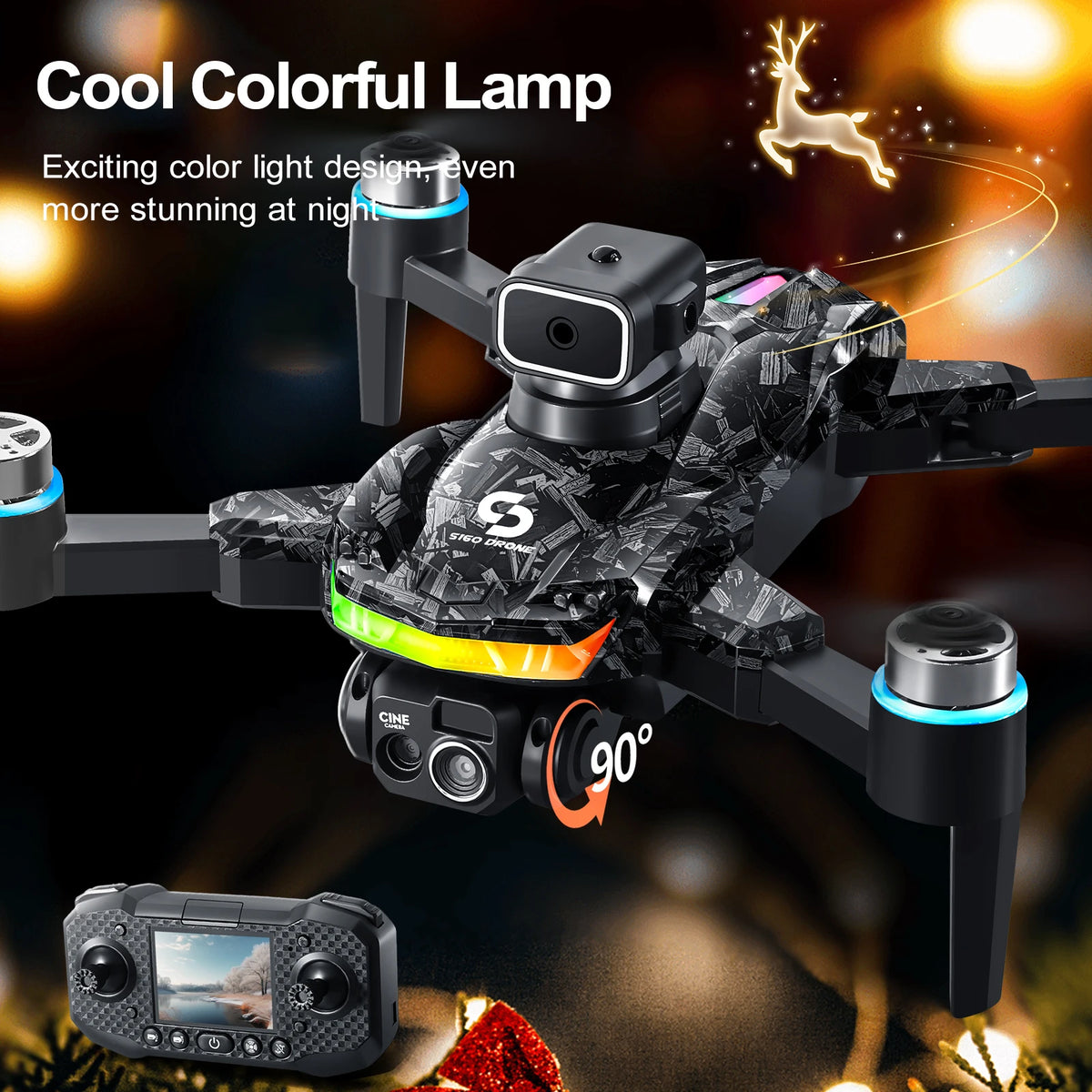 ZNLYRION S160 Foldable Brushless Drone with Screen Remote 360° Obstacle Avoidance EIS Dual Camera Optical Flow Positioning RGB LED Light RC Quadcopter