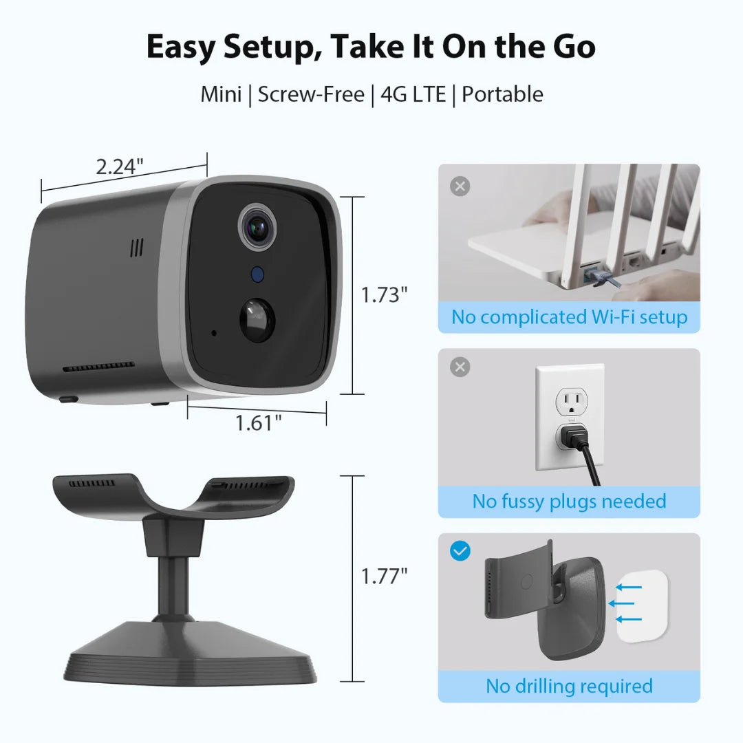 Mini 4G Wireless Security Camera with SIM Card, Battery Powered, Night Vision, Indoor Outdoor Use Hidden Cam