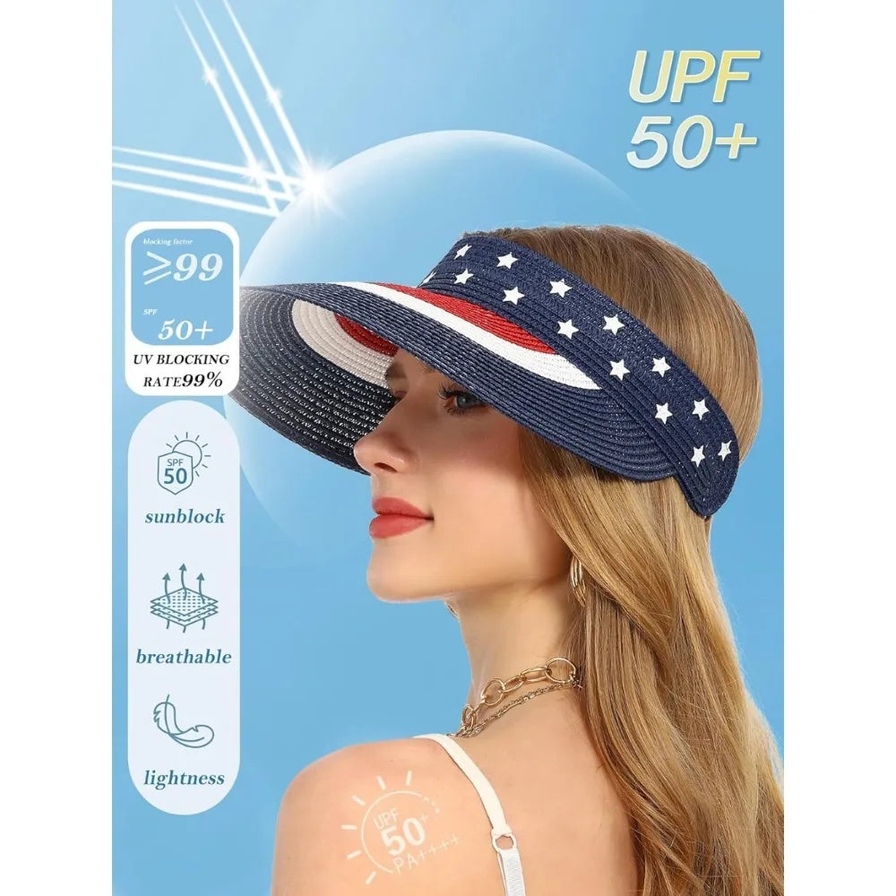 Womens Sun Hat Straw Visor UV Protection Wide Brim Packable Travel Summer Cap for Beach