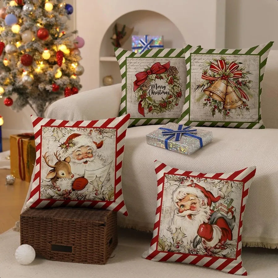 Christmas Pillow Covers 18x18 inch Set of 4 Santa Claus Reindeer Decorative  Throw Pillow Covers Winter