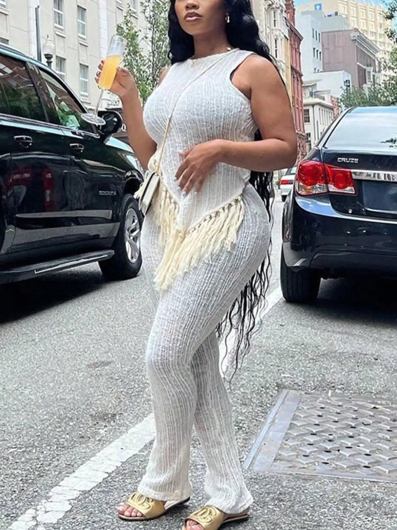 Solid Fringed Suit Short Sleeved Round nNeck top Sexy Trousers 2 Piece Women's