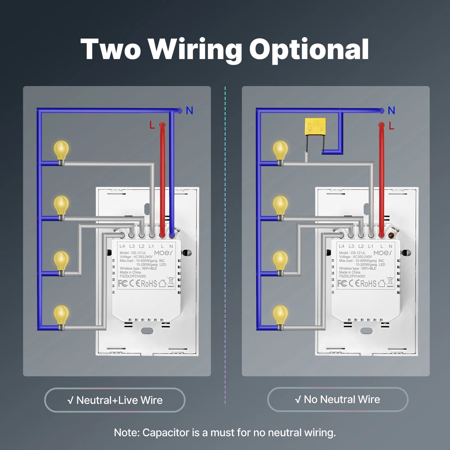 WiFi Smart Light Switch Glass Touch Control Fireproof No Neutral Wire