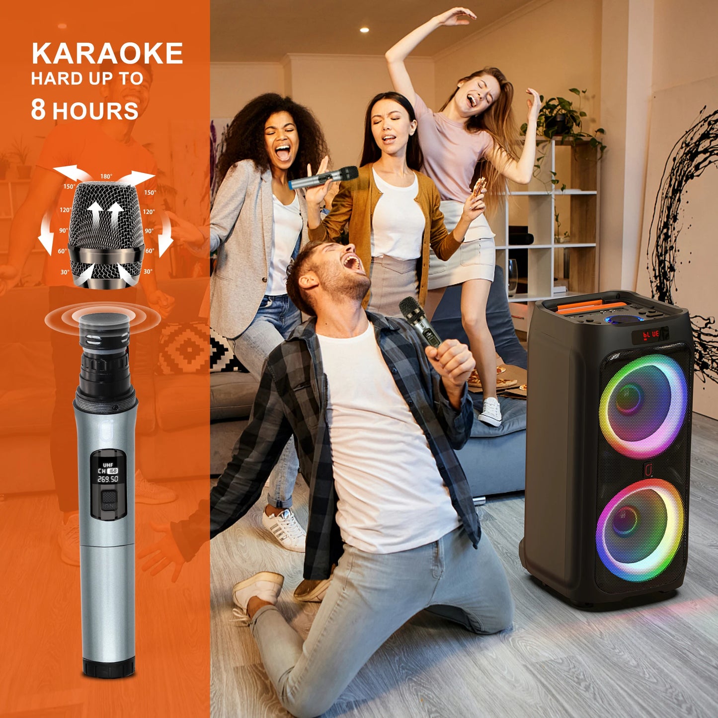 Karaoke Machine with 2 Wireless Microphones, Portable Bluetooth Speaker