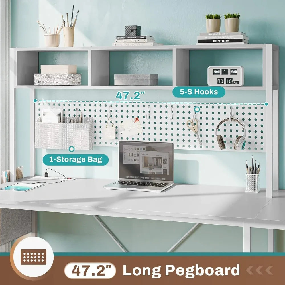 White L Shaped Gaming Desk, Reversible Corner With Power Outlet