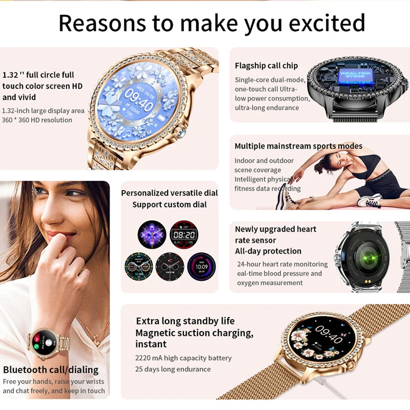 Mijia Women Smart Watch True Blood Oxygen HD Screen Diamond Bracelet Bluetooth