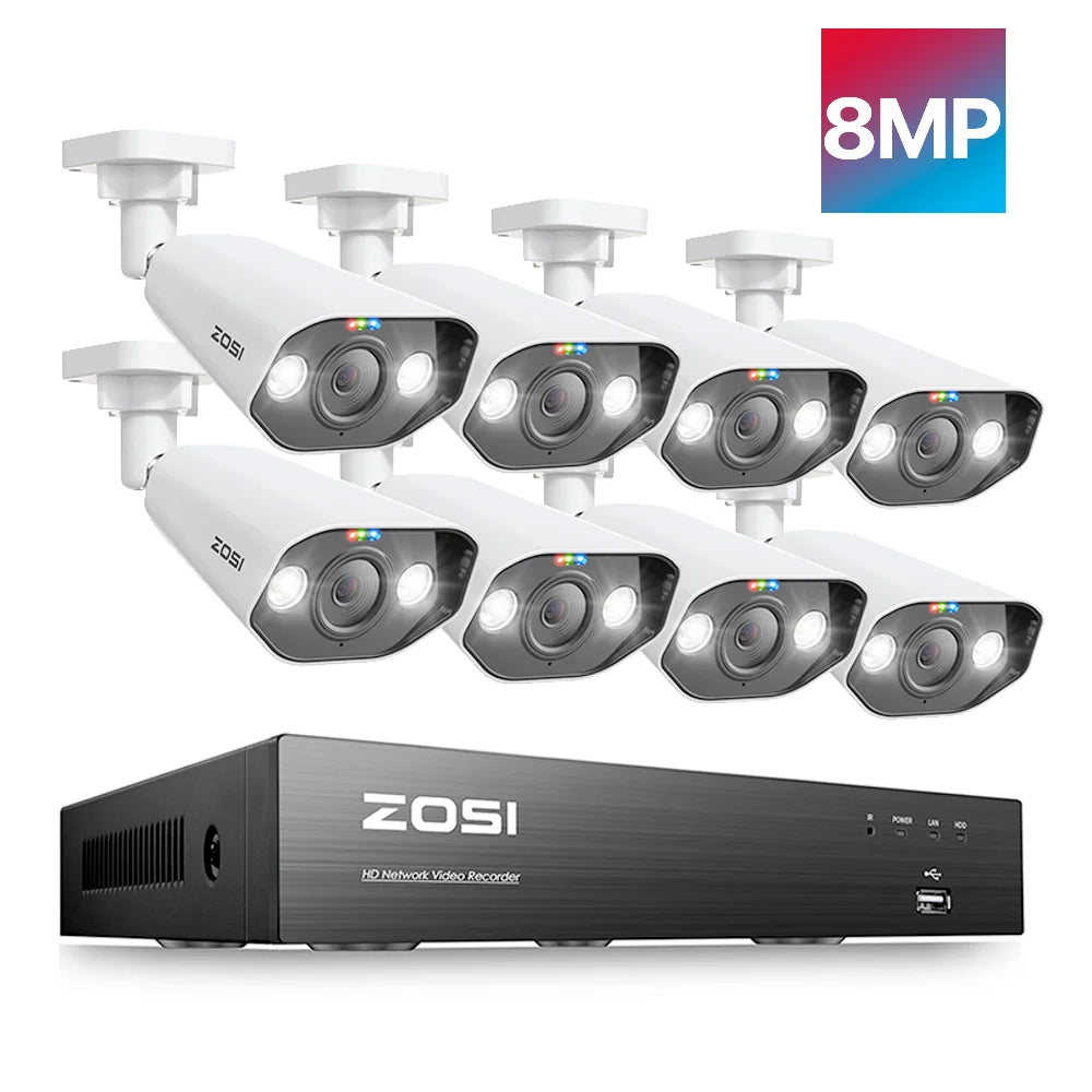 I 8MP CCTV System 8CH H.265+ 4K Ultra HD PoE NVR Kit Spotlight Siren Outdoor
