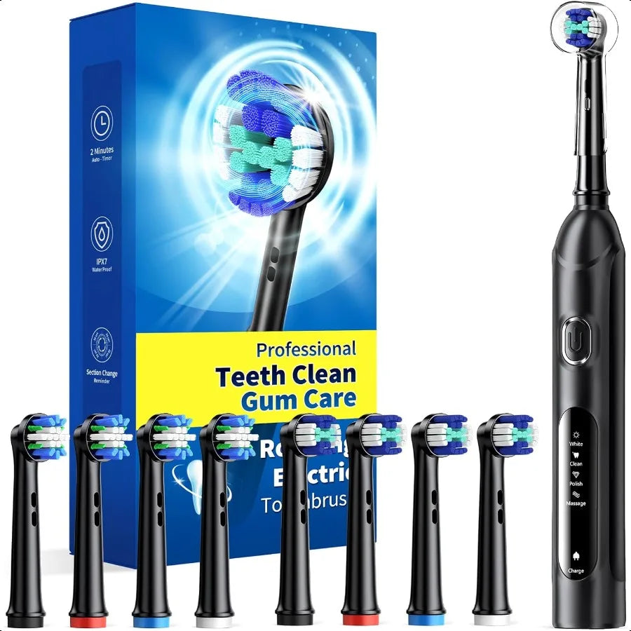 Rotating Electric Toothbrush for Adults with 8 Brush Heads 2 Types 4 Modes Deep
