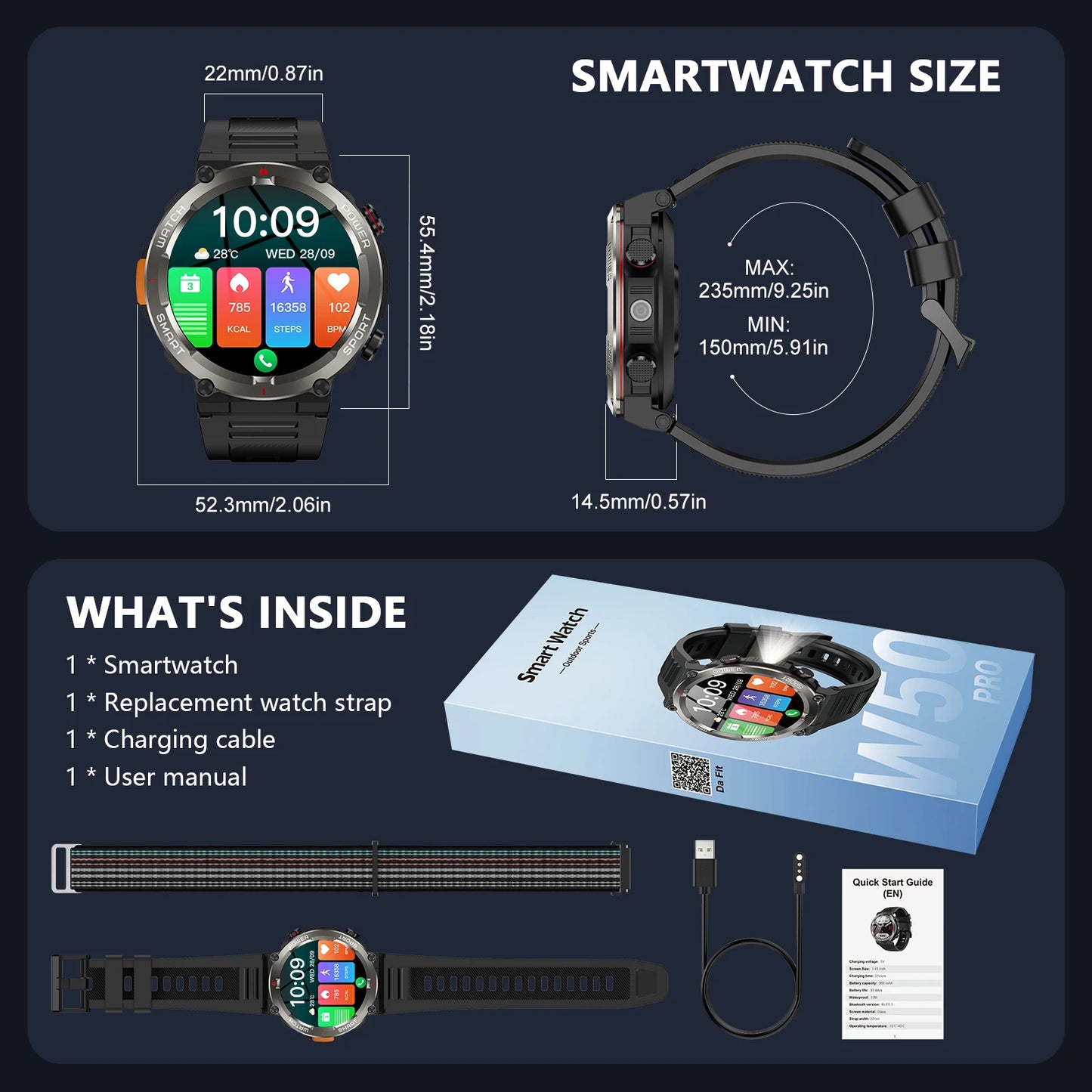 2025 New Blackview W50pro Waterproof Smartwatch with LED Flashlight
