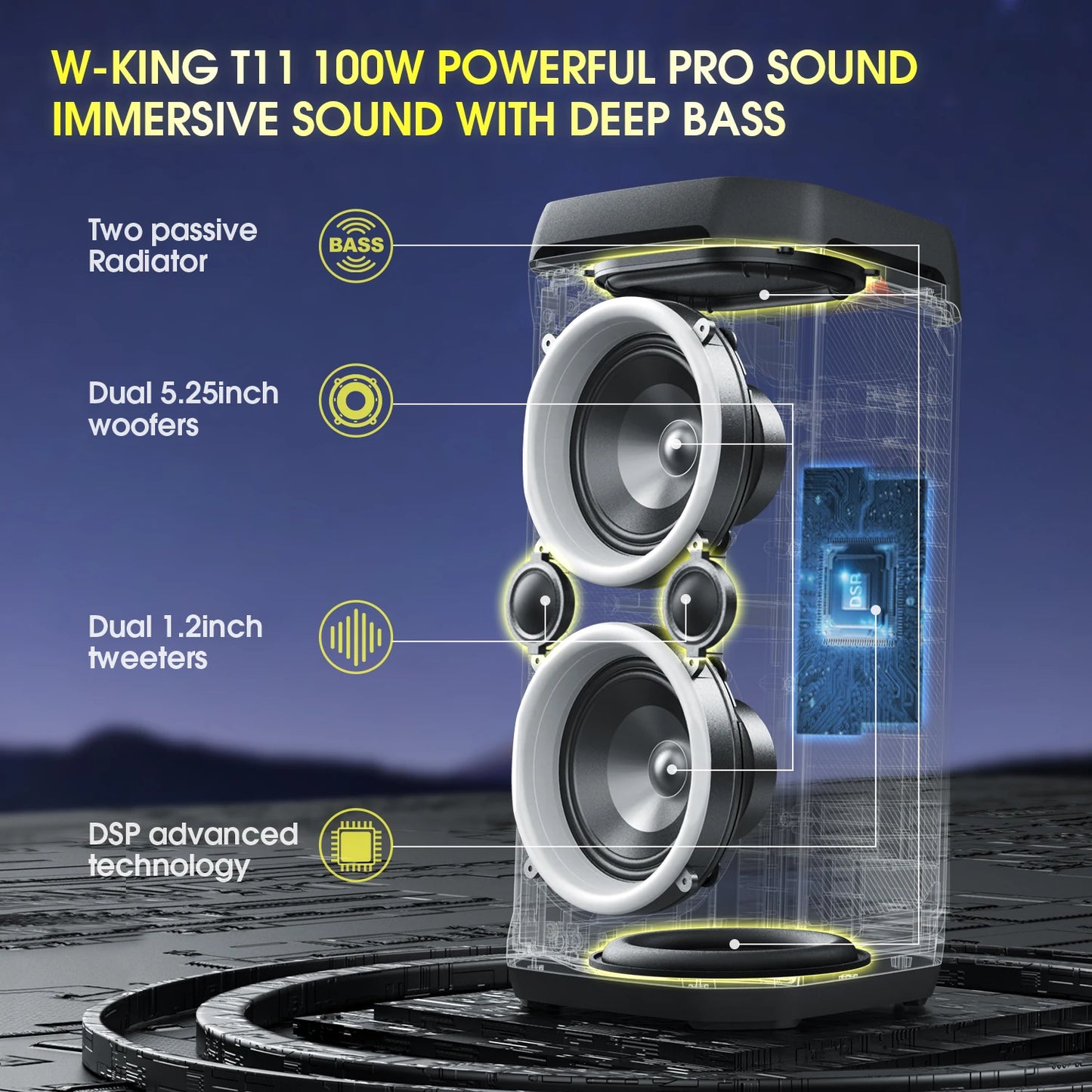 100W RMS Bluetooth Speakers, Waterproof, Loud Massive Sound