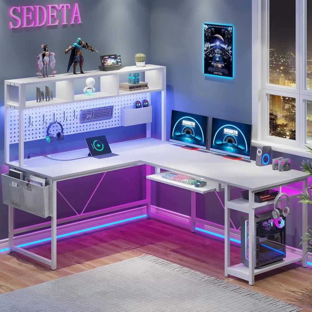 White L Shaped Gaming Desk, Reversible Corner With Power Outlet