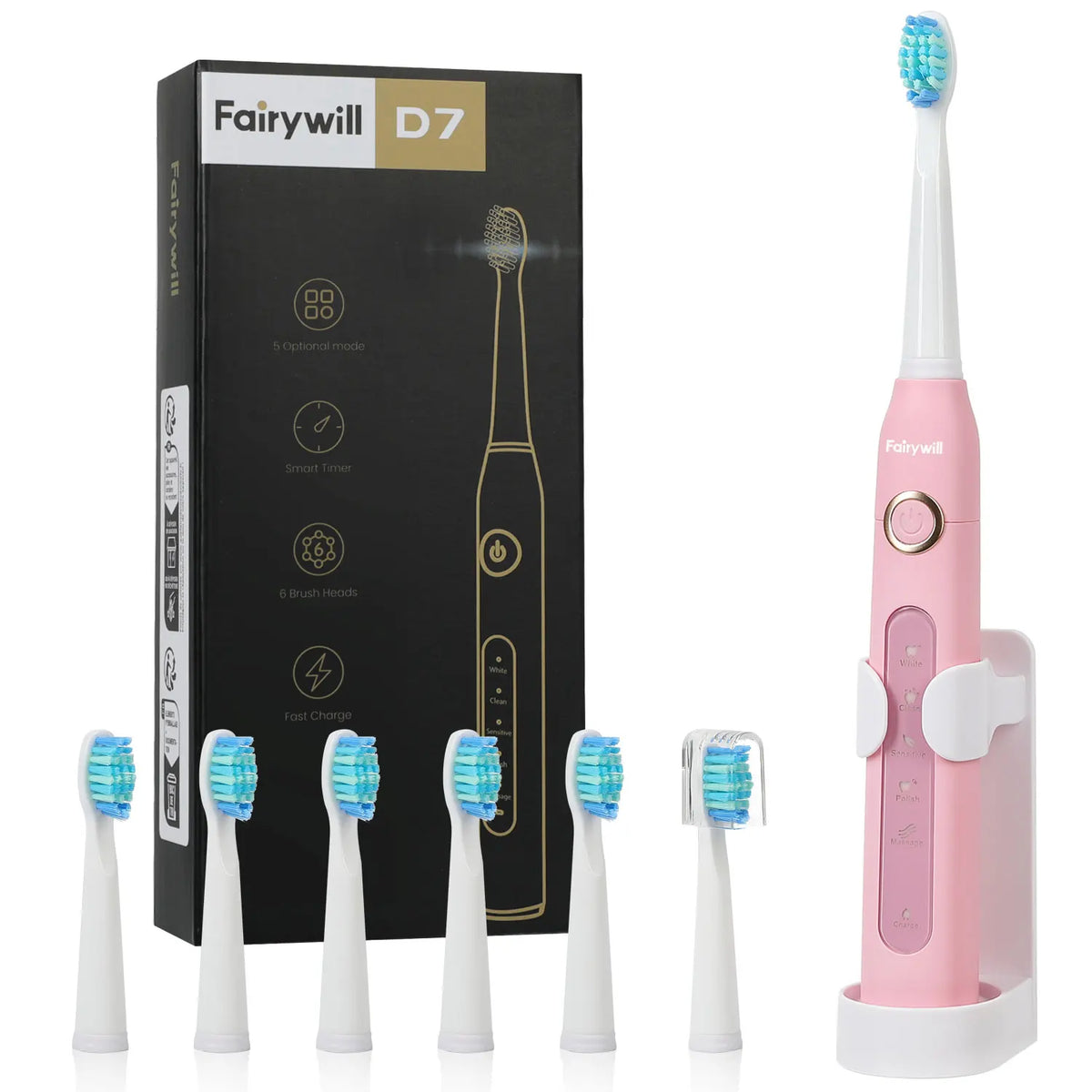 Fairywill Electric Sonic Toothbrush USB Charge FW-D7 Rechargeable Waterproof Electronic Tooth Brushes Replacement Heads Adult