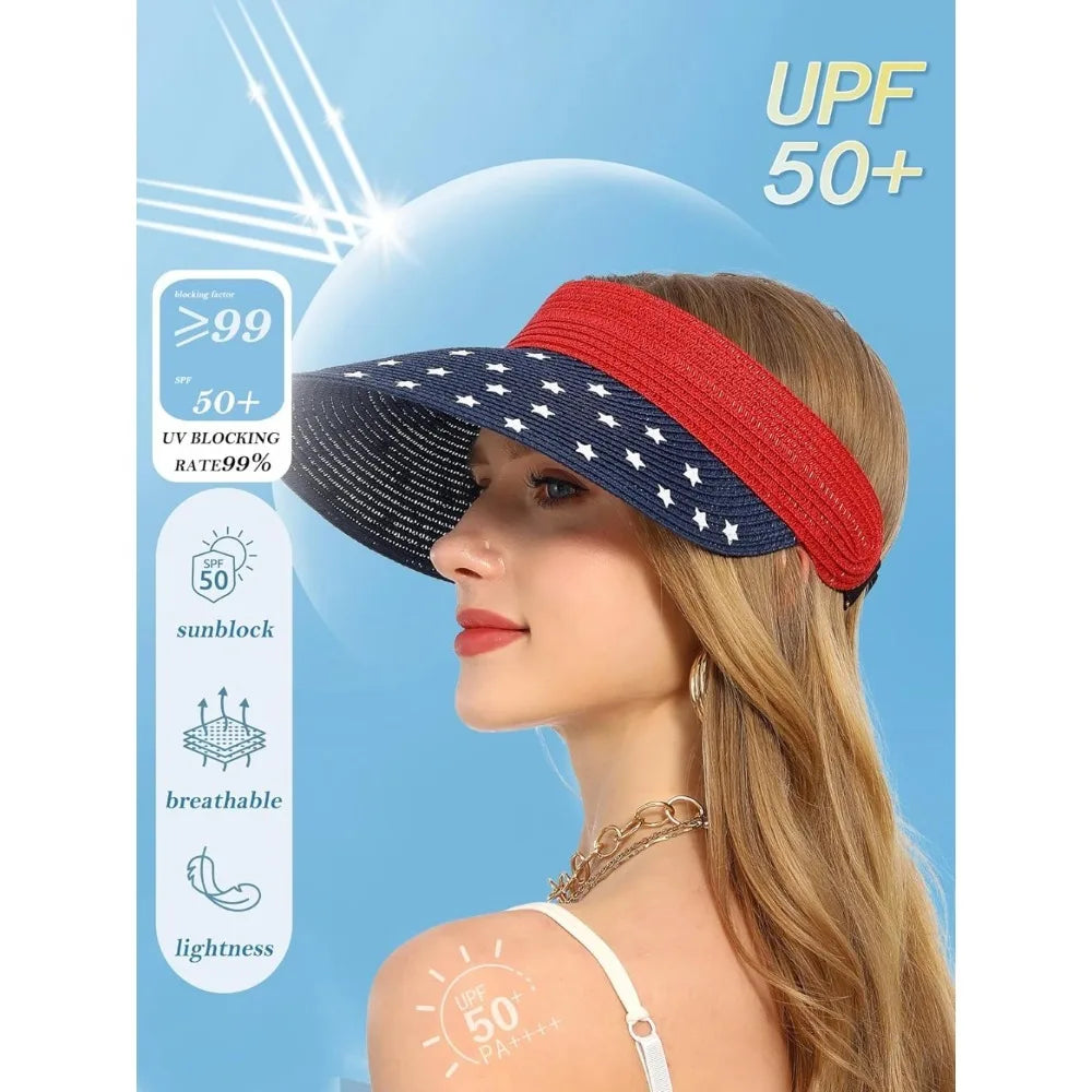 Womens Sun Hat Straw Visor UV Protection Wide Brim