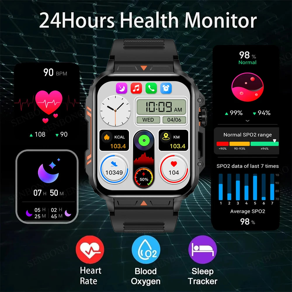 Military Men Smart Watch Bluetooth Call 24/7 Heart Rate Monitor