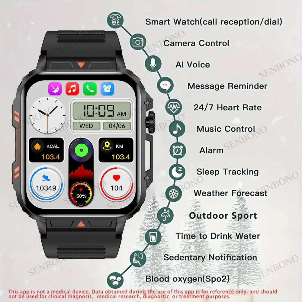 Military Men Smart Watch Bluetooth Call 24/7 Heart Rate Monitor