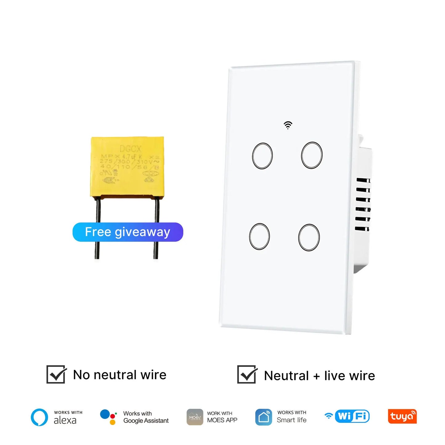 WiFi Smart Light Switch Glass Touch Control Fireproof No Neutral Wire