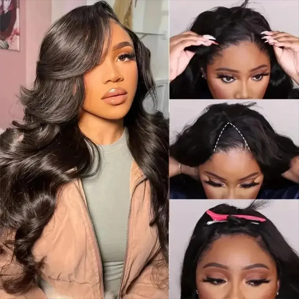 30 Inch Middle Part Lace Wig bob wigs With Bangs Body Wave Human Hair Wig