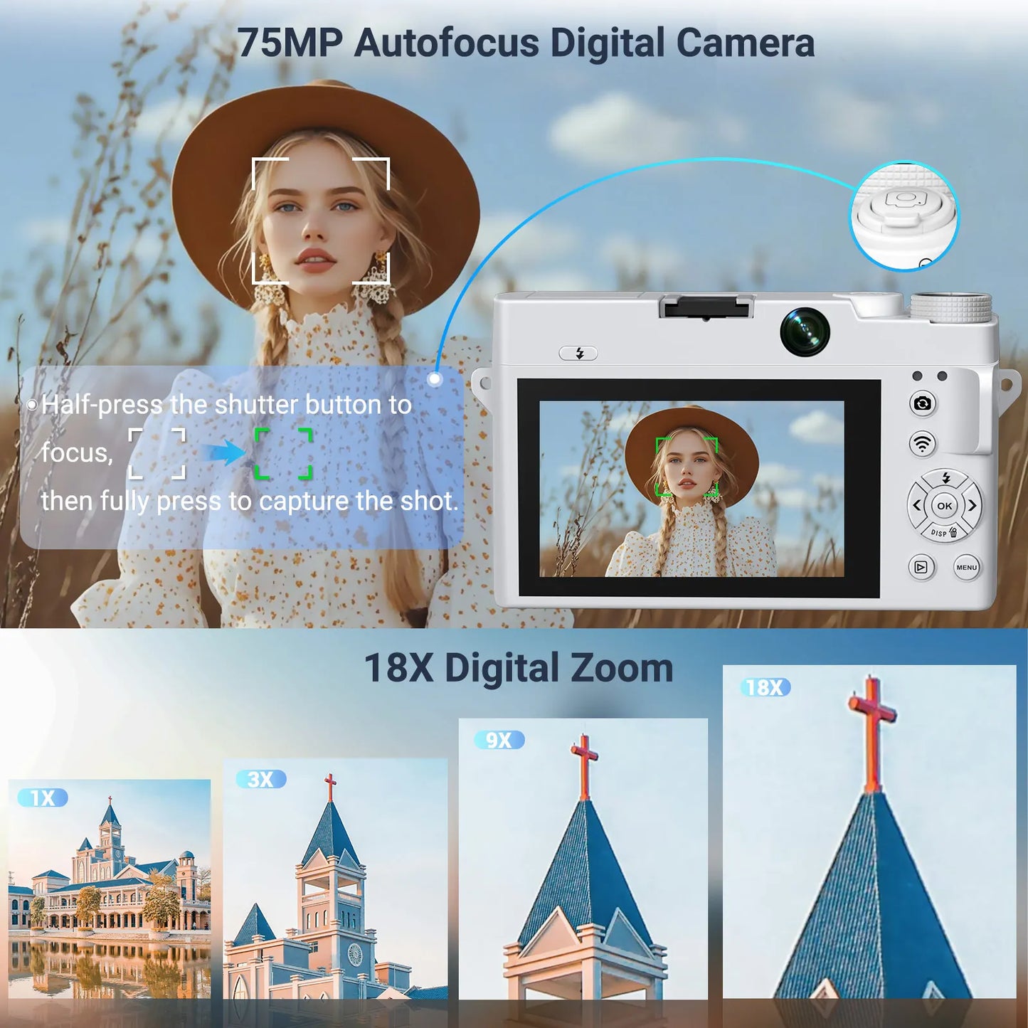 4K Digital Camera - 75MP Front & Rear with Autofocus & Anti-Shake,