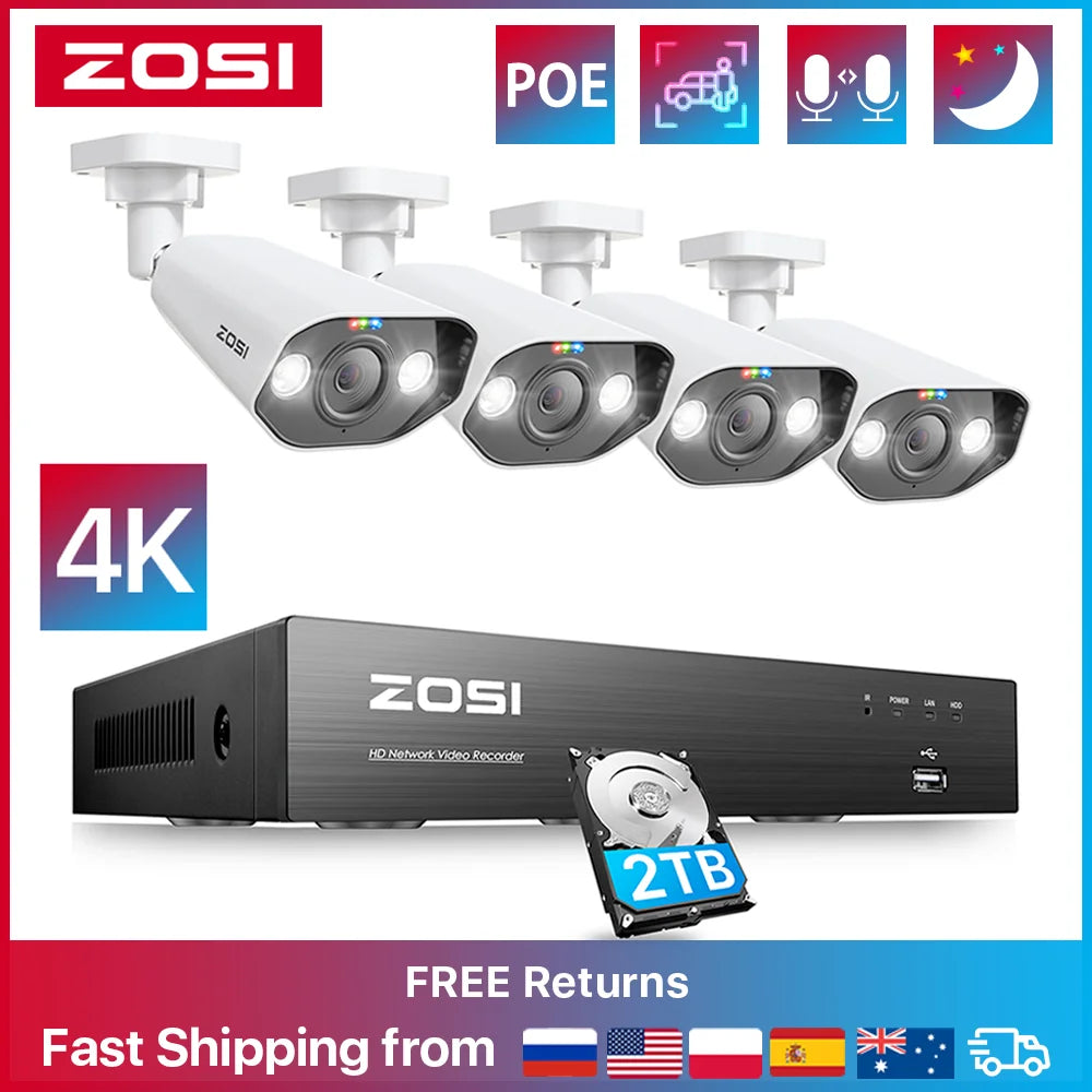 I 8MP CCTV System 8CH H.265+ 4K Ultra HD PoE NVR Kit Spotlight Siren Outdoor