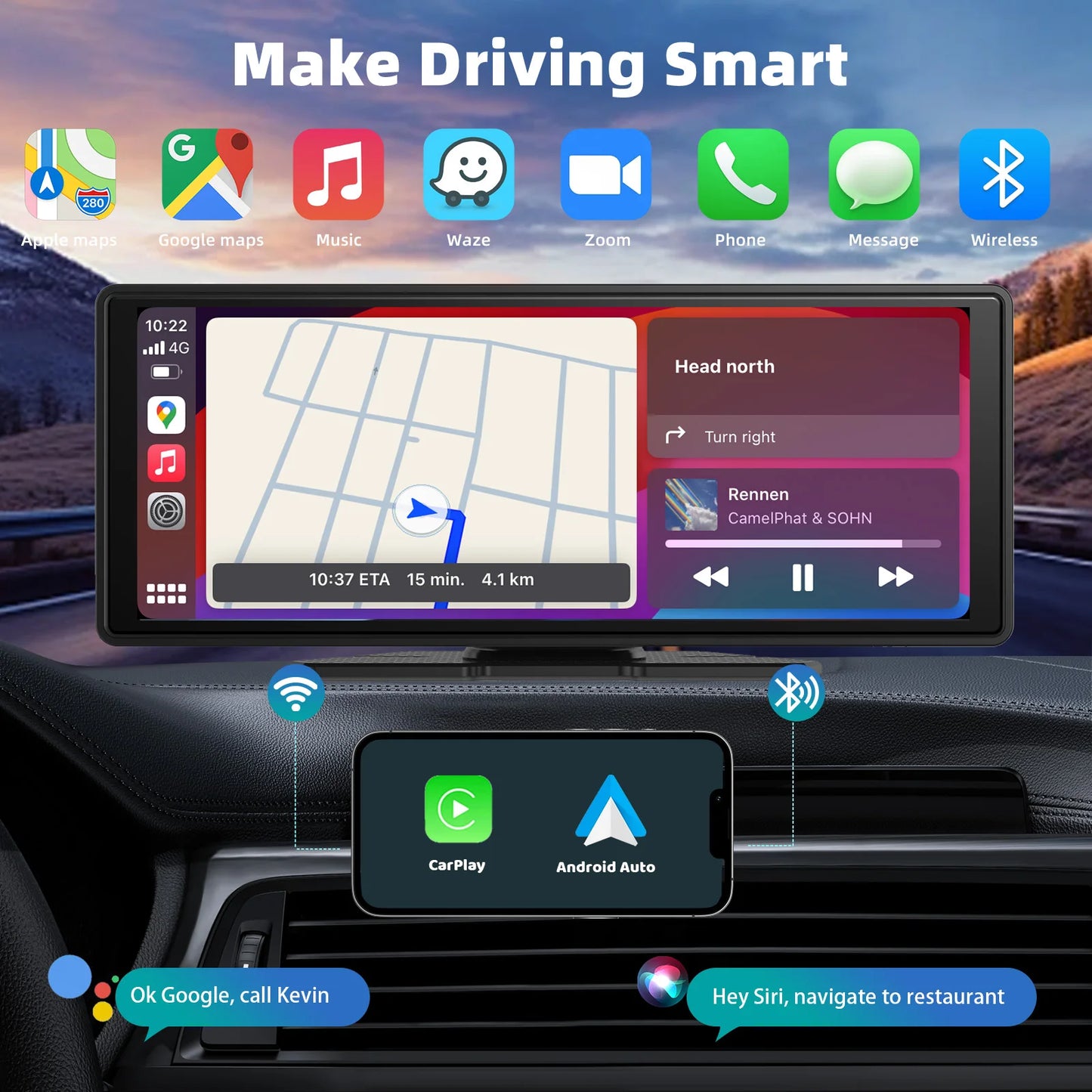 Portable Wireless Carplay Car Stereo, 10.26" inch HD Touchscreen