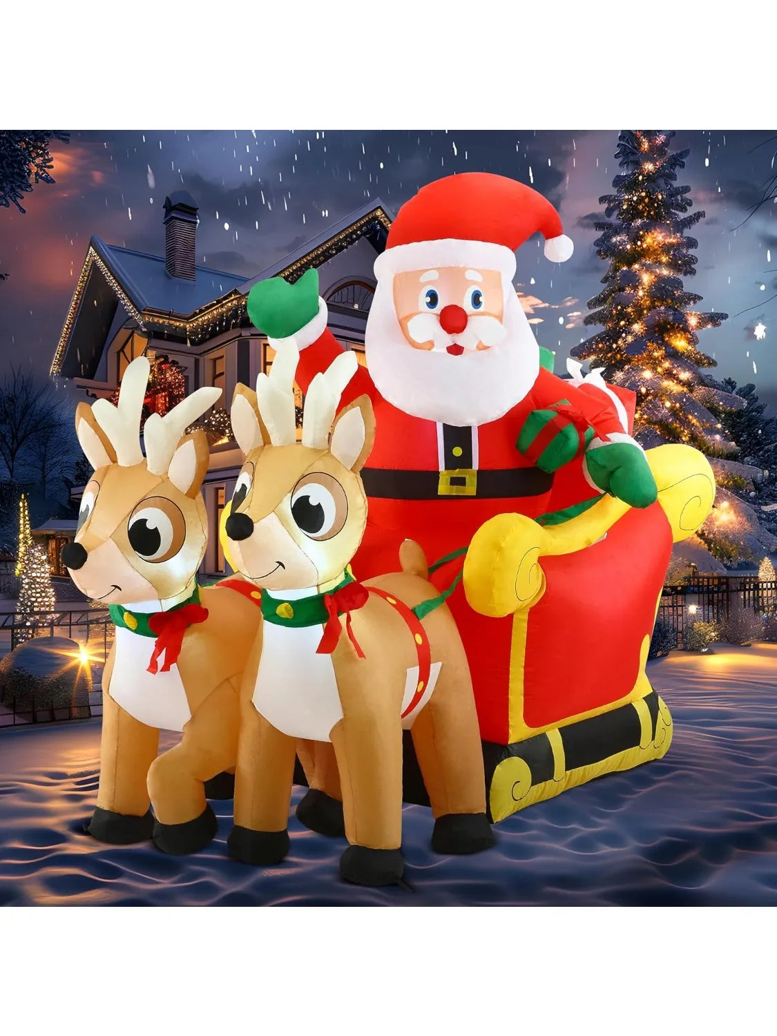 JOYFY 6 FT Long Christmas Santa on Sleigh with 2 Reindeer Inflatable Christmas with Build-in LED