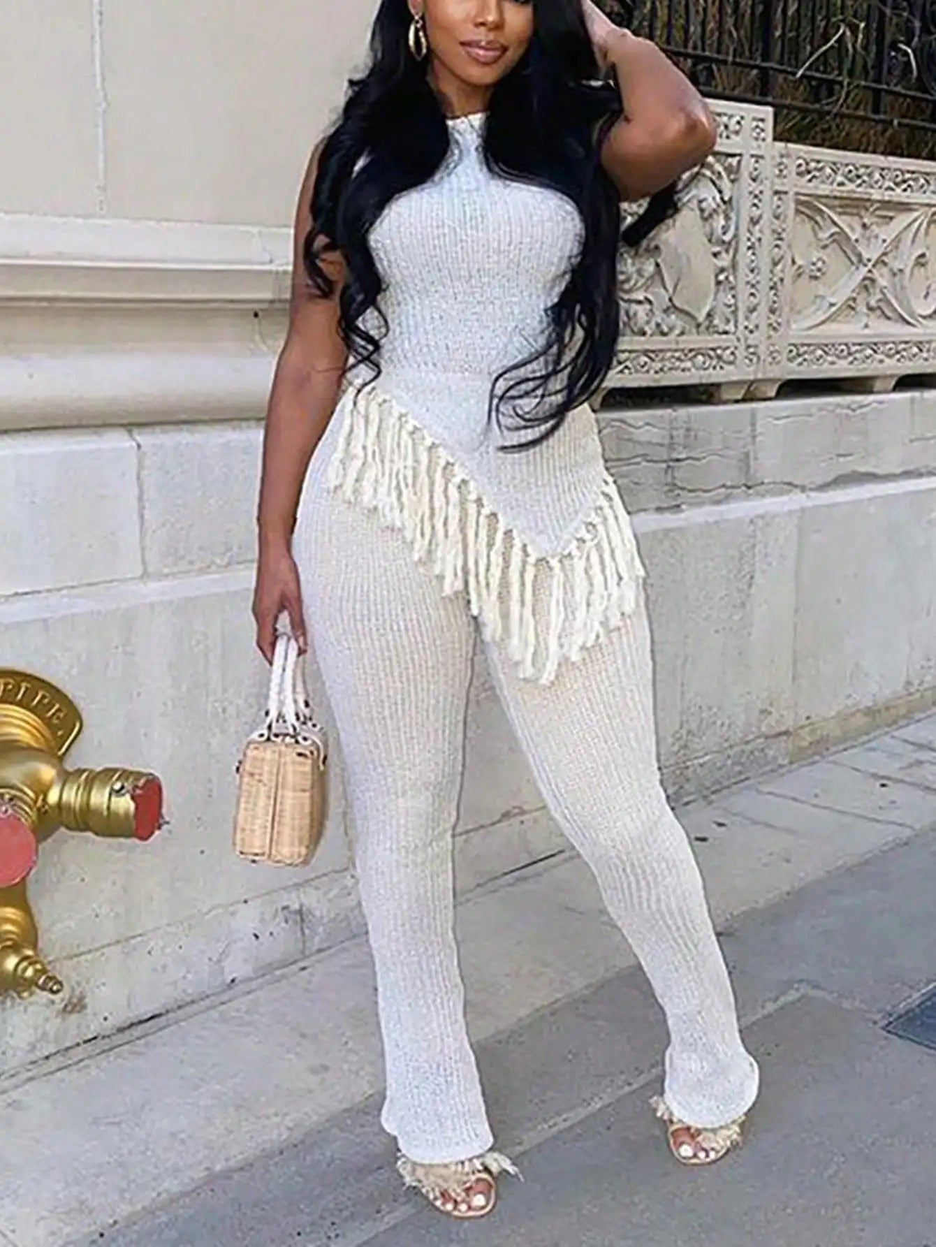 Solid Fringed Suit Short Sleeved Round nNeck top Sexy Trousers 2 Piece Women's