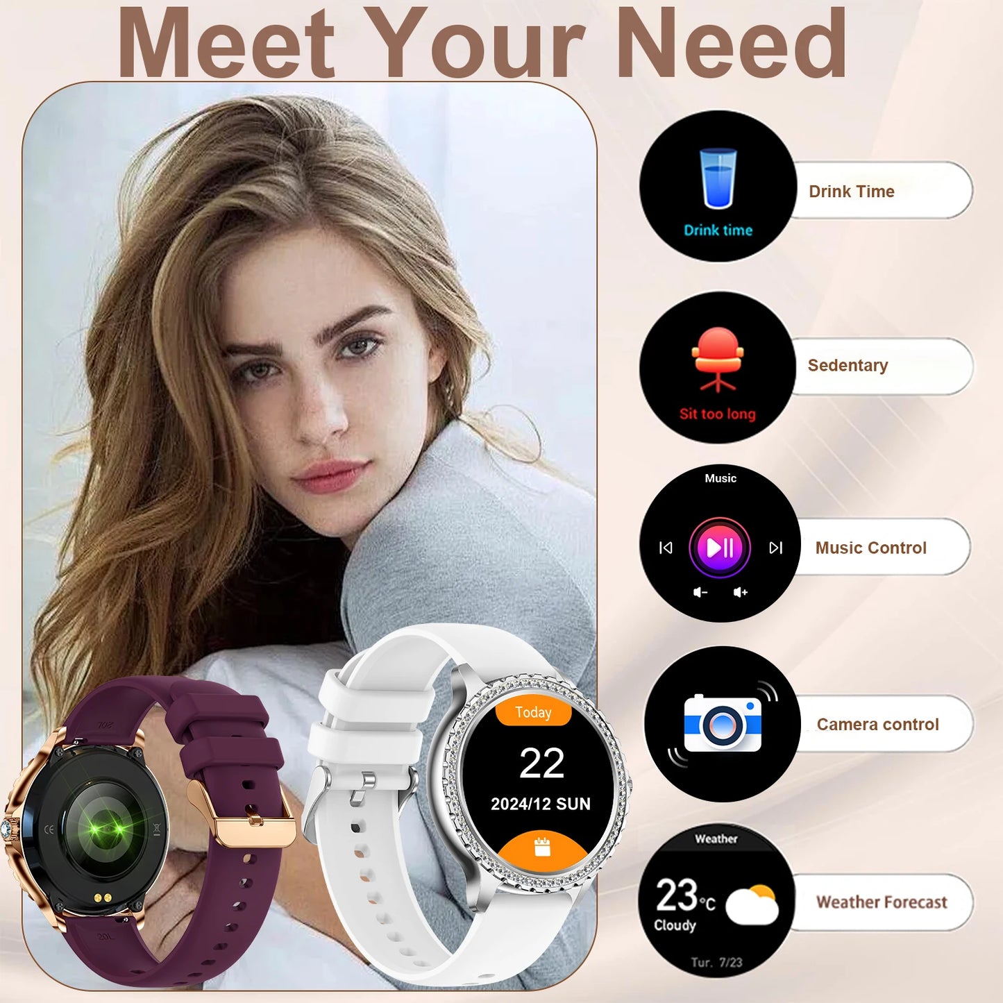 Smart Watch For women - 1.32" Touchscreen Fitness Tracker with Wireless Calls,