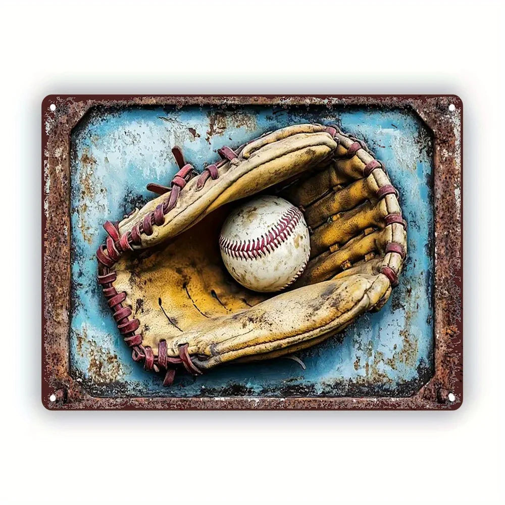 Baseball Glove & Ball Aluminum Metal Sign - Office, Bar Decor