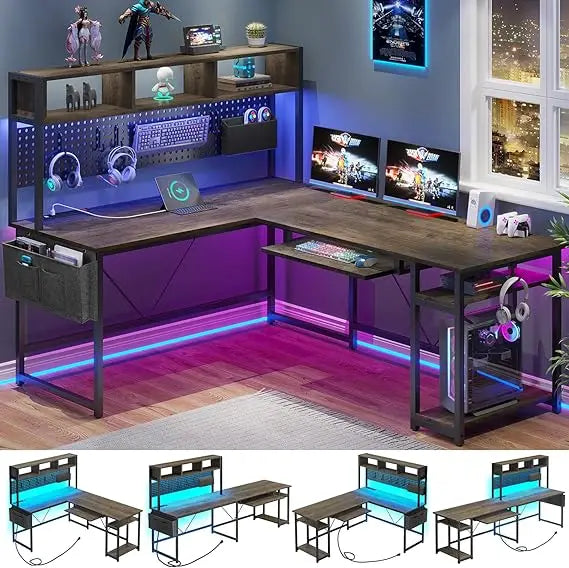 White L Shaped Gaming Desk, Reversible Corner With Power Outlet