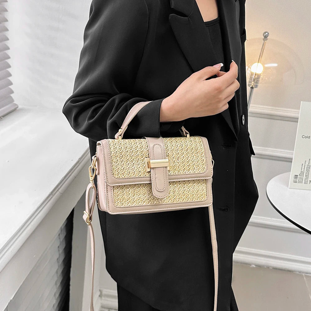 Leather Straw Crossbody Bag Flap Shoulder Bag with Adjustable Strap