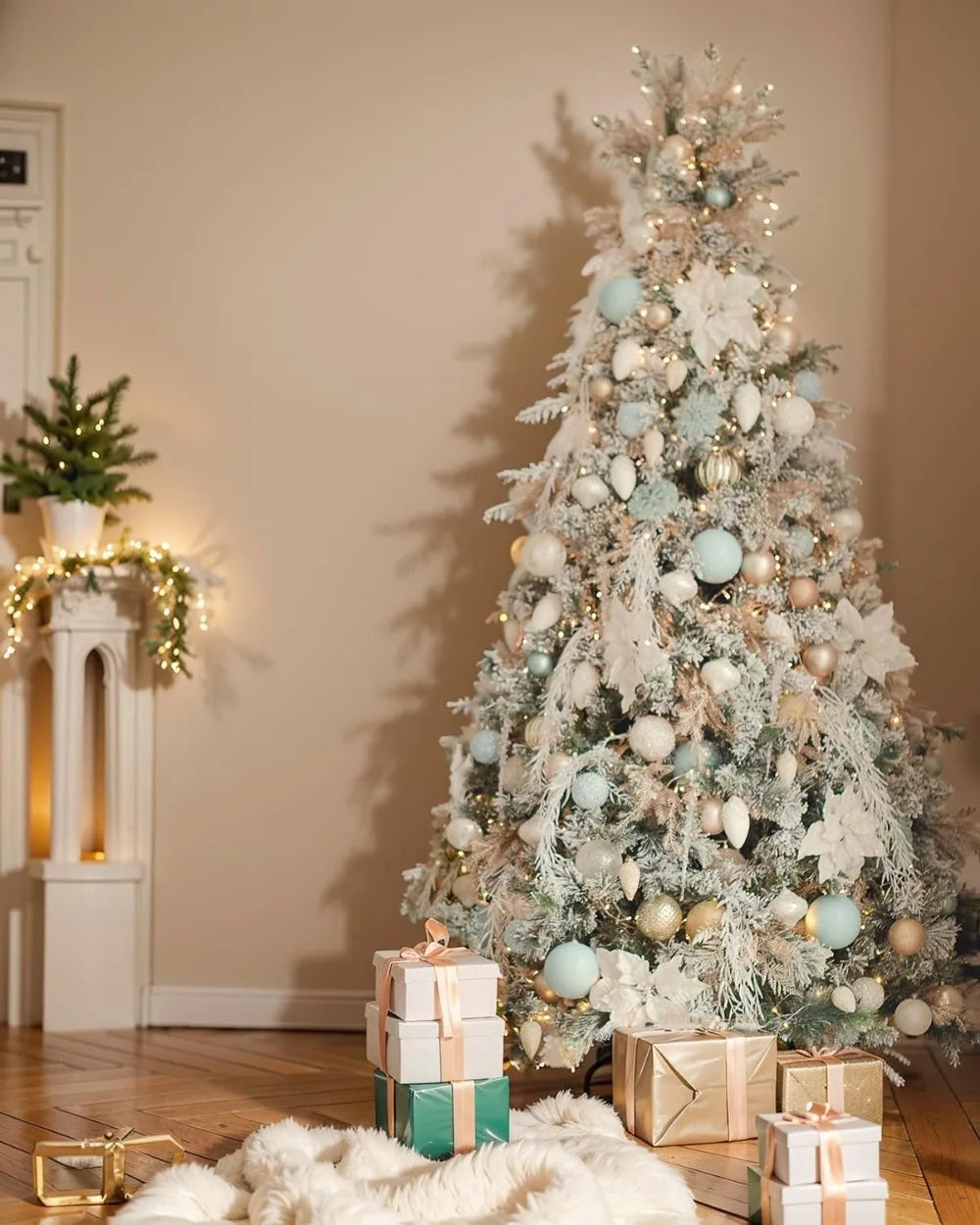 9FT Pre-lit Snow Flocked Christmas Tree Spruce with Remote Control, 800 Warm White Multi-Color Lights