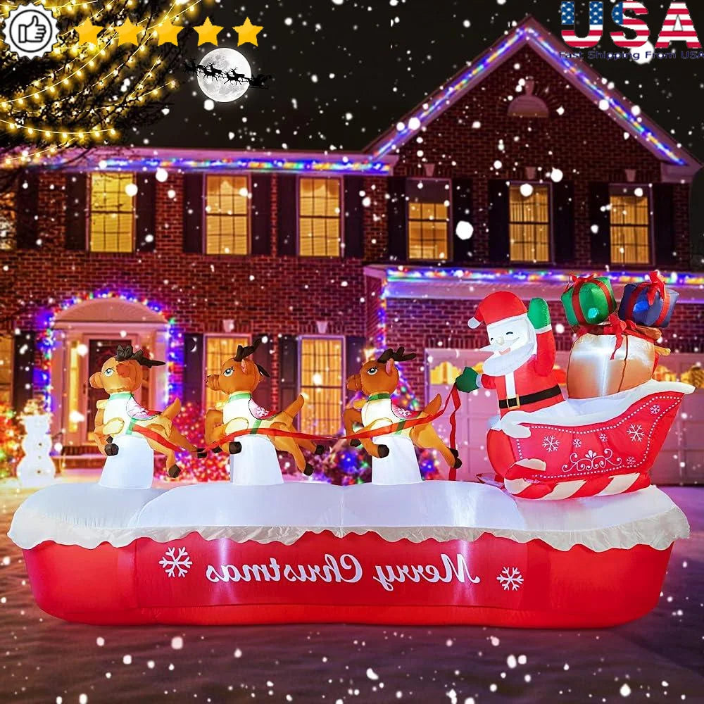 10FT Inflatable Santa Claus Sleigh with Elk LED Lights Outdoor Christmas Decorations