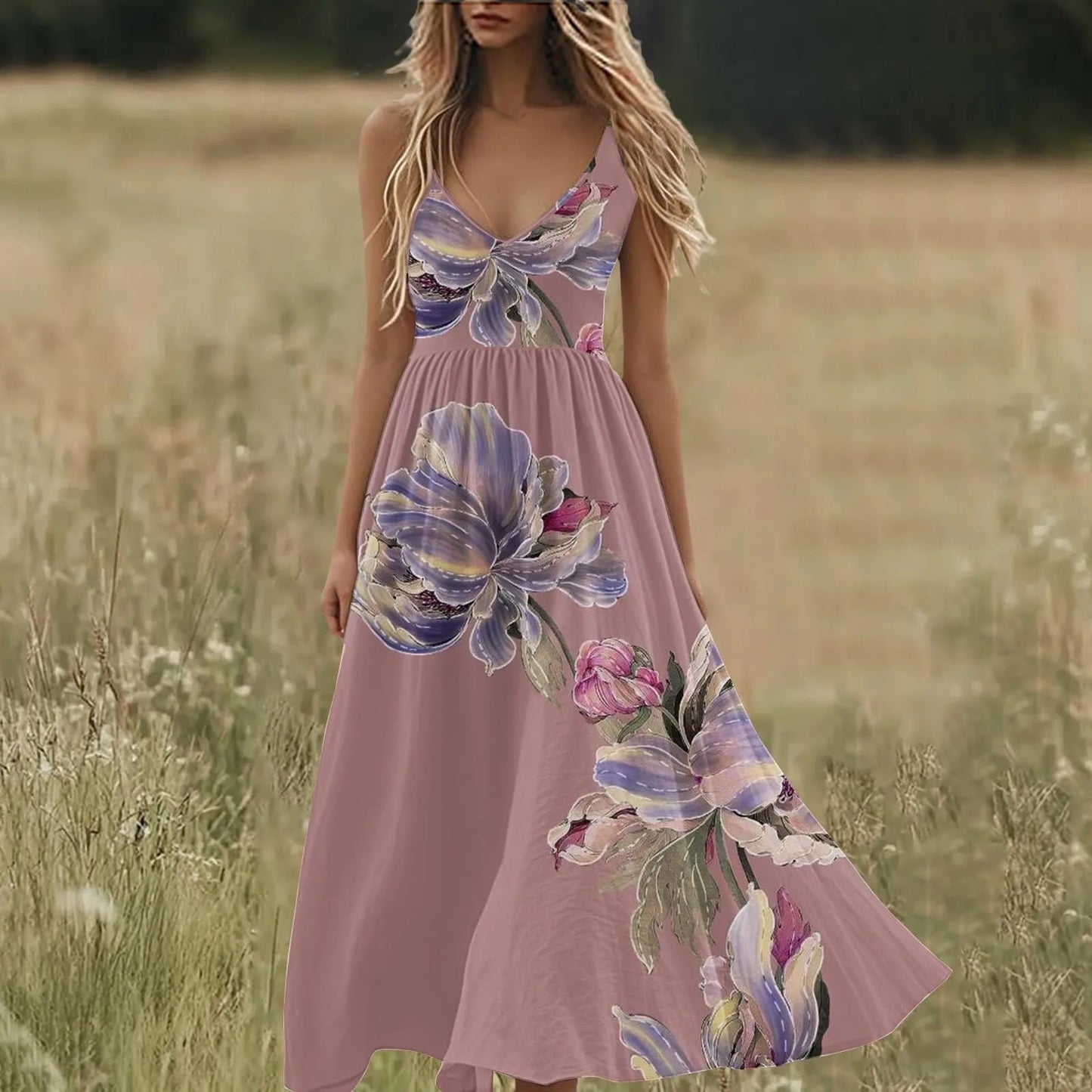 Boho Summer Dresses V Neck Floral Printed Sundresses, Beach Trendy Airy Dresses