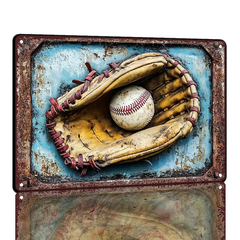 Baseball Glove & Ball Aluminum Metal Sign - Office, Bar Decor