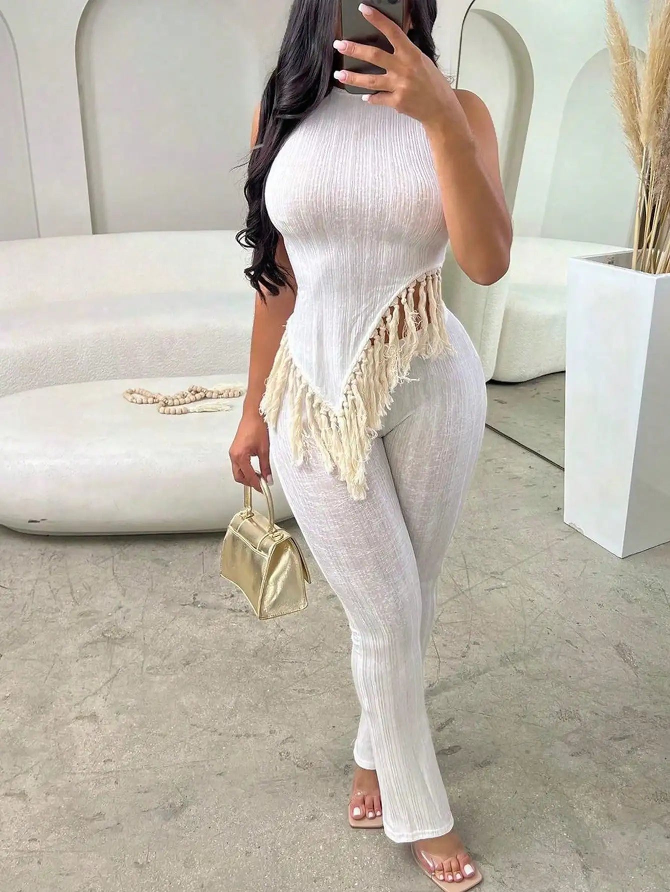 Solid Fringed Suit Short Sleeved Round nNeck top Sexy Trousers 2 Piece Women's