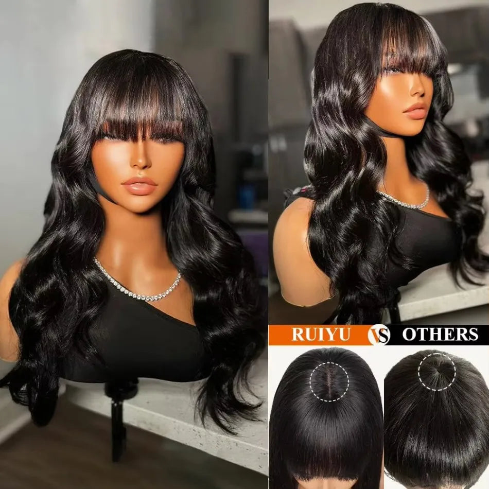 30 Inch Middle Part Lace Wig bob wigs With Bangs Body Wave Human Hair Wig
