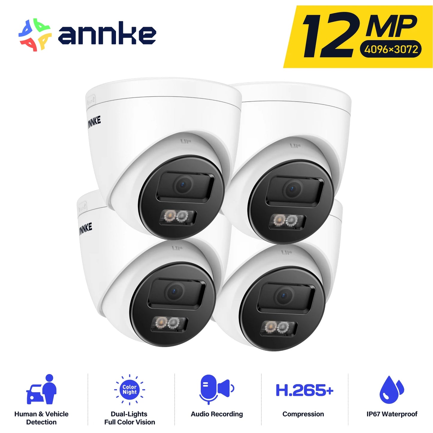 4PCS 12MP Outdoor Smart Dual Light Security Camera Color IR Night Vision