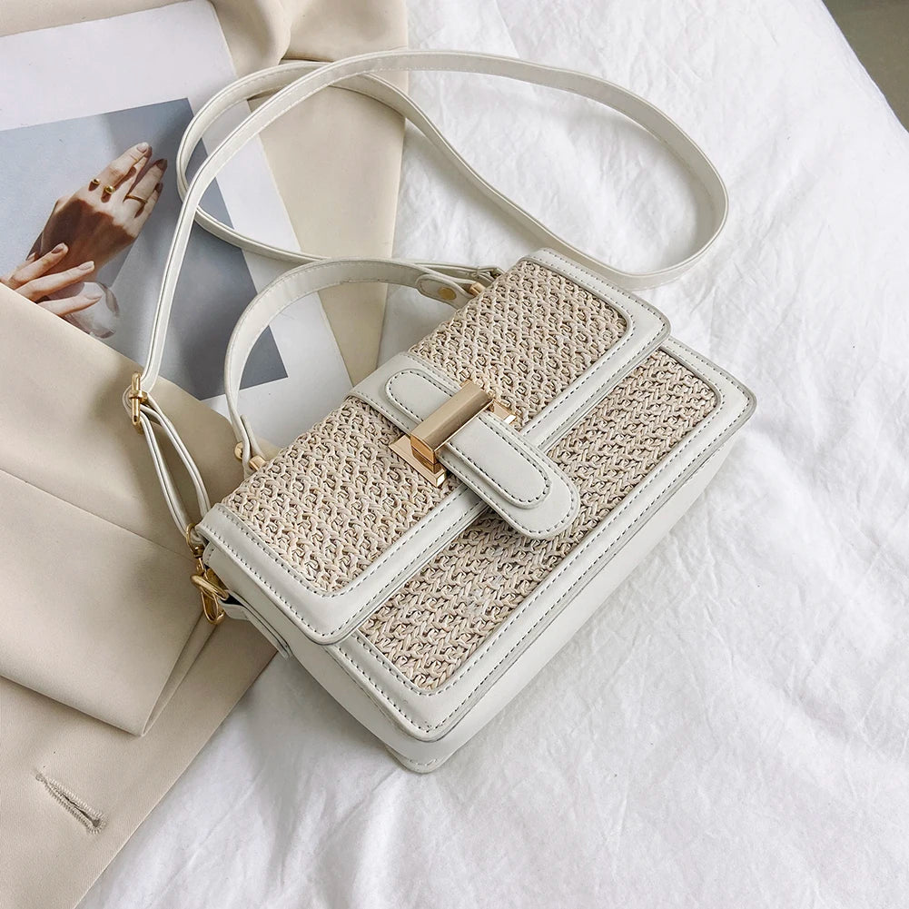 Leather Straw Crossbody Bag Flap Shoulder Bag with Adjustable Strap