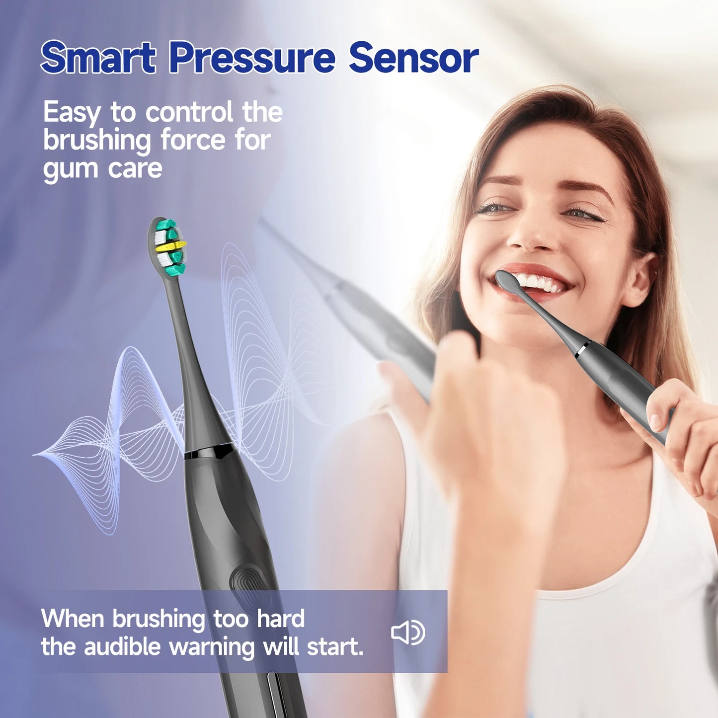 Electric Toothbrush with 8 Soft Bristle Heads for Adults, Pressure Sensor,