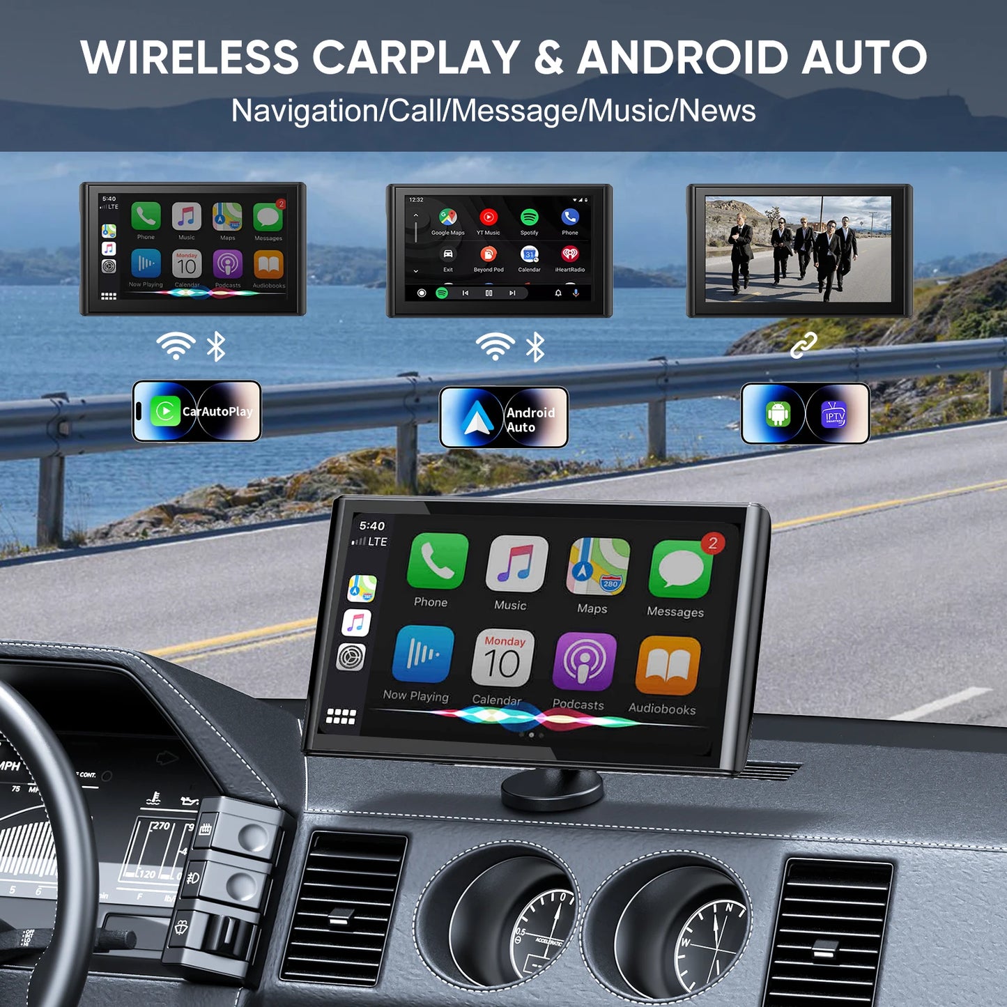 7'' Wireless CarPlay Android Auto Screen, Touchscreen w/ Bluetooth,