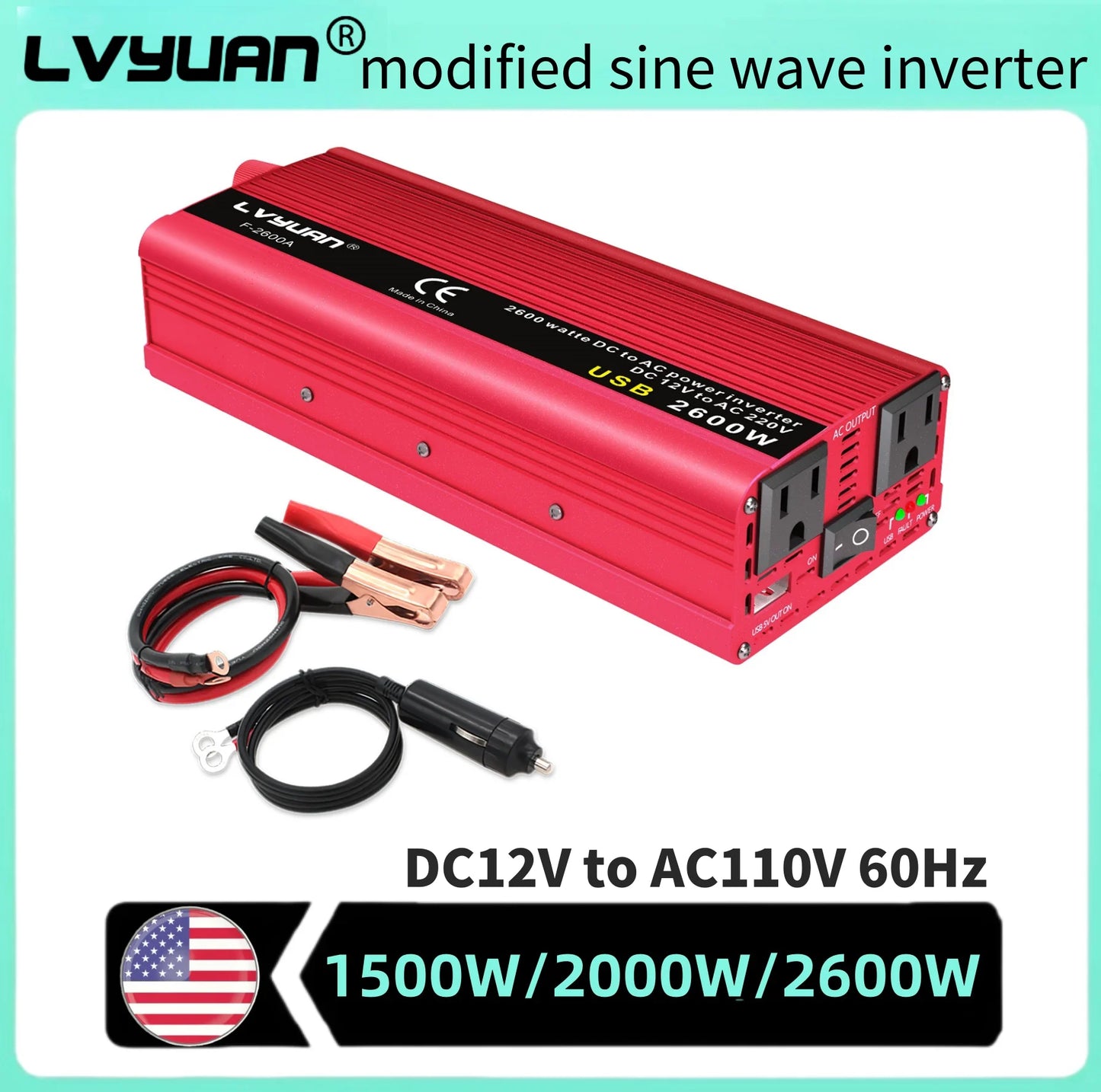 1500W/2000W/2600W Car Inverter DC12V AC110V Power Inversor