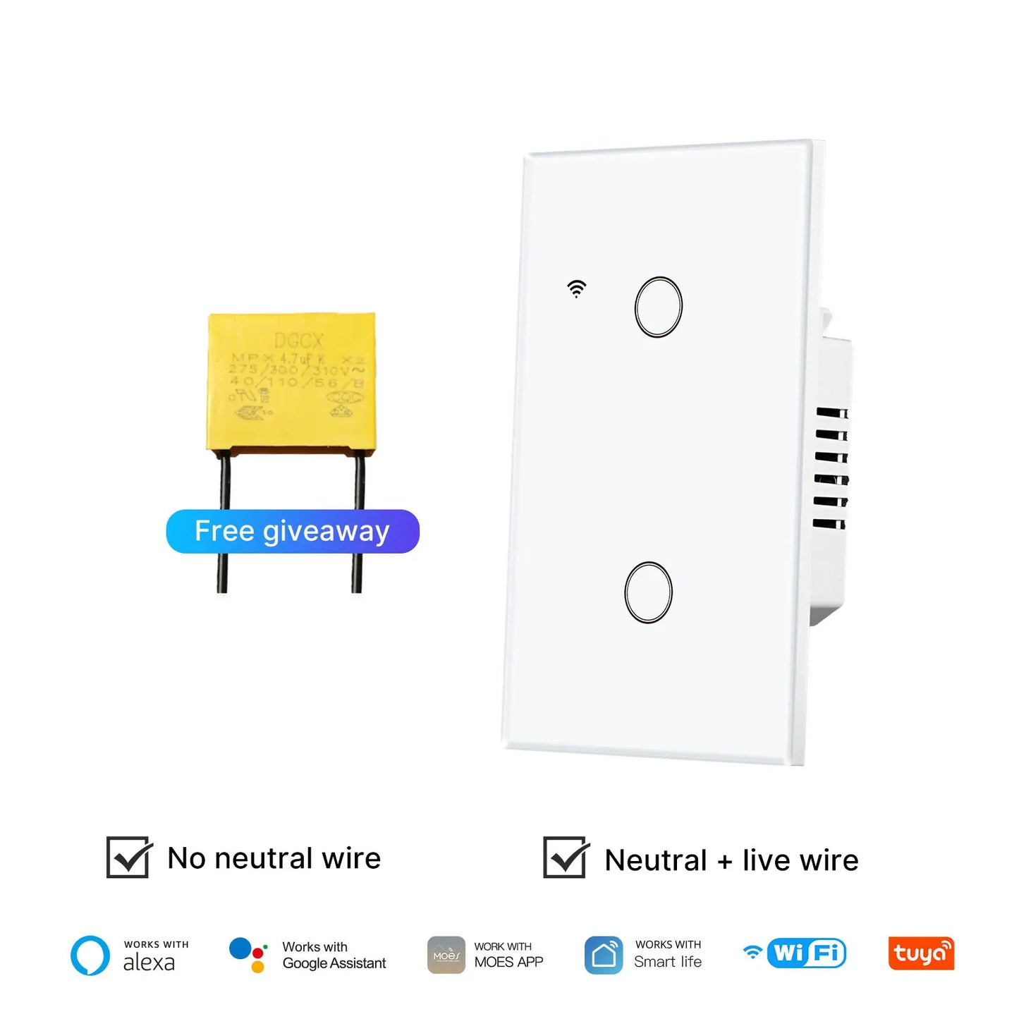 WiFi Smart Light Switch Glass Touch Control Fireproof No Neutral Wire