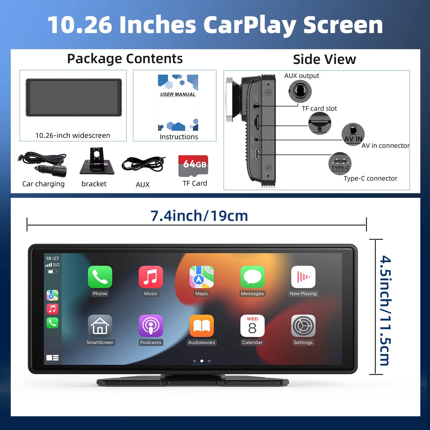 Portable Wireless Carplay Car Stereo, 10.26" inch HD Touchscreen