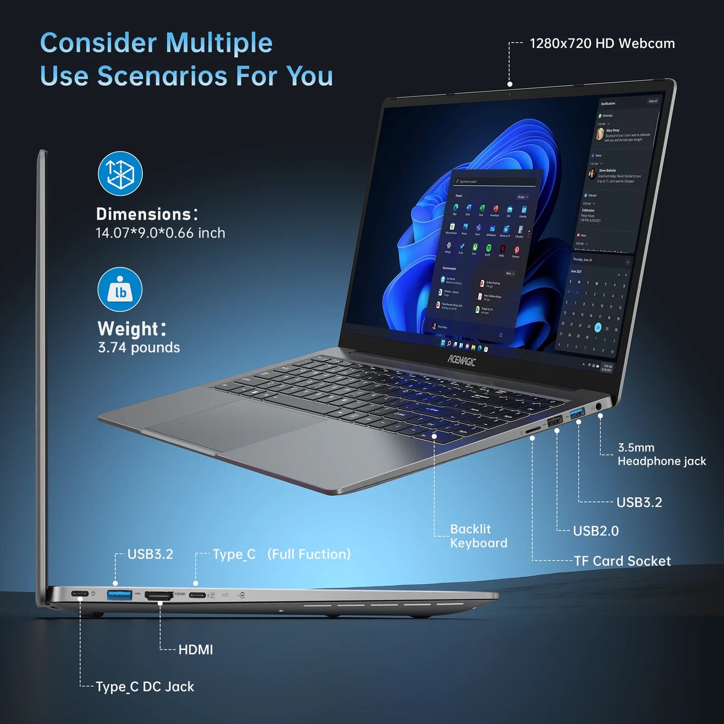 Gaming Notebook AMD Ryzen 7 5700U(Beat i7-1265U)Backlit Laptop Keyboard