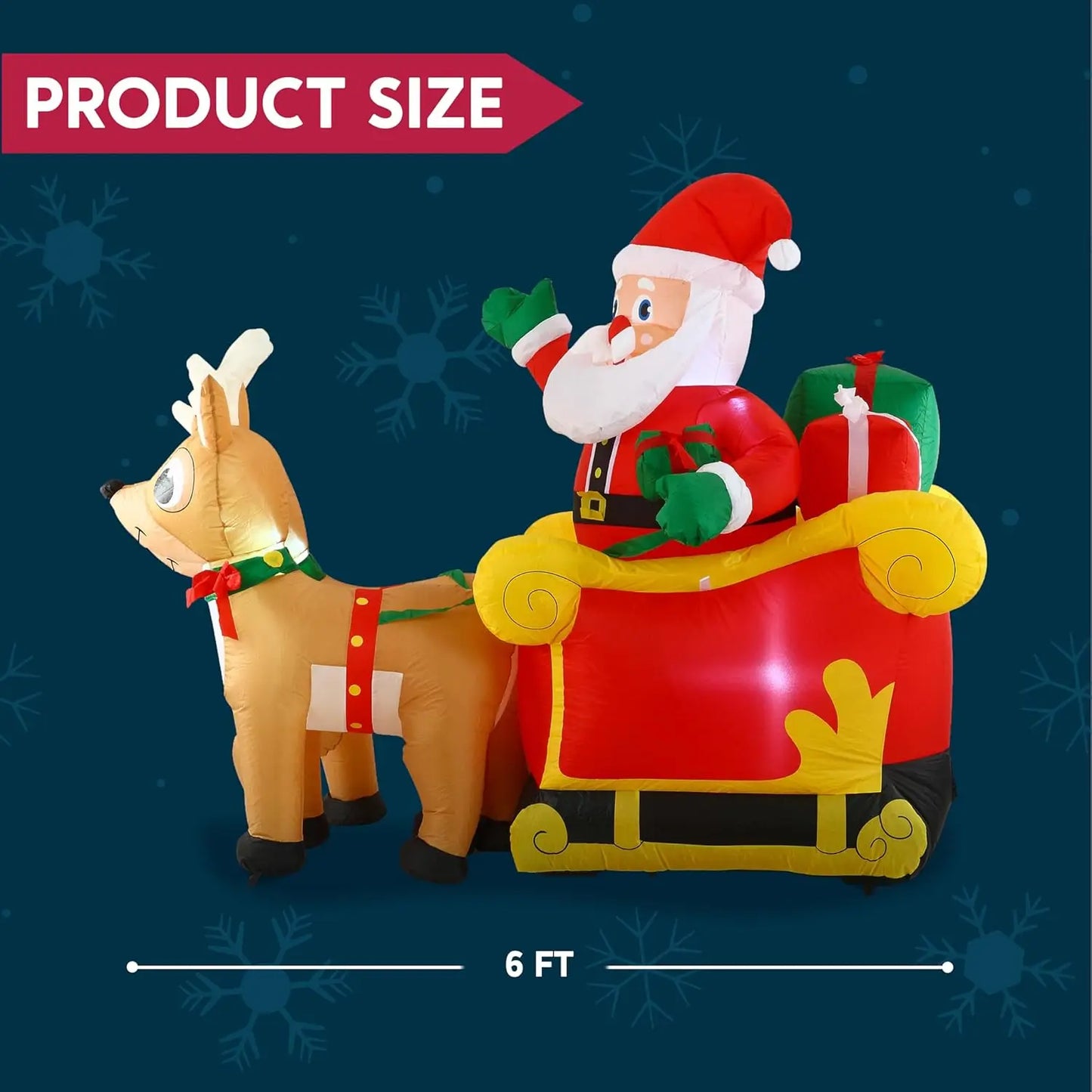 JOYFY 6 FT Long Christmas Santa on Sleigh with 2 Reindeer Inflatable Christmas with Build-in LED