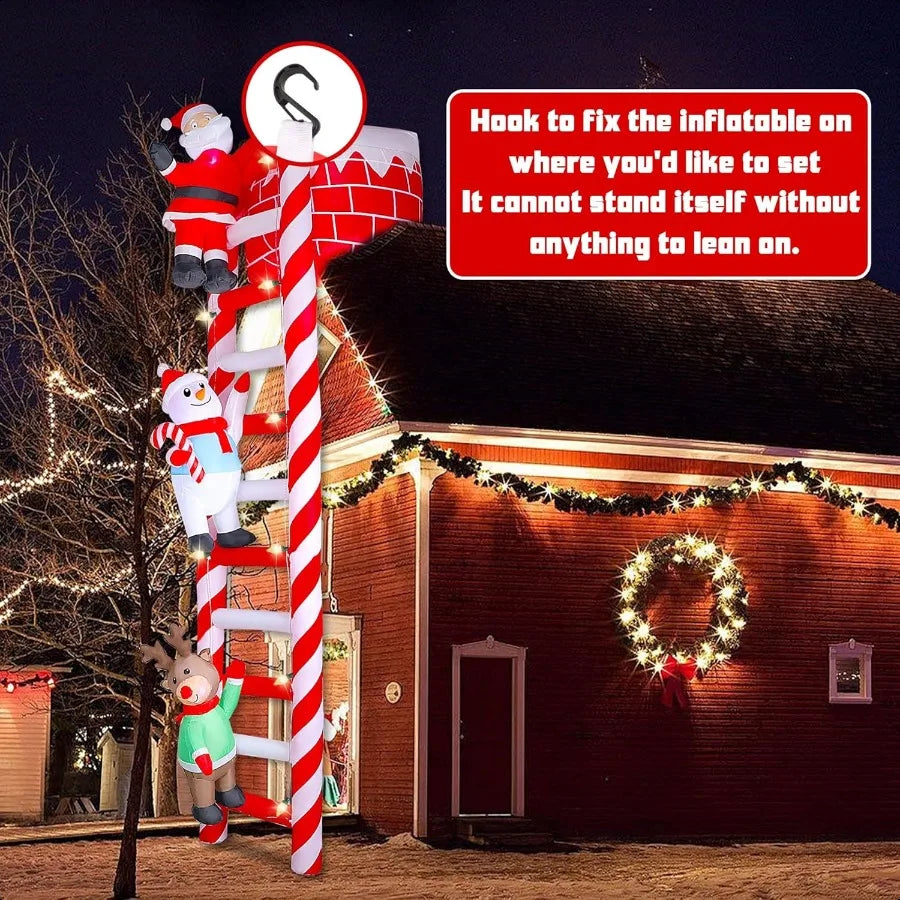 10FT Christmas Iatable Decoration Giant Lighted Ladder to Chimney Climbed with Reindeer